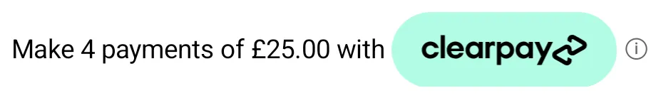 Price breakdown reading Make 4 payments of £25.00 with, followed by a mint Clearpay badge
