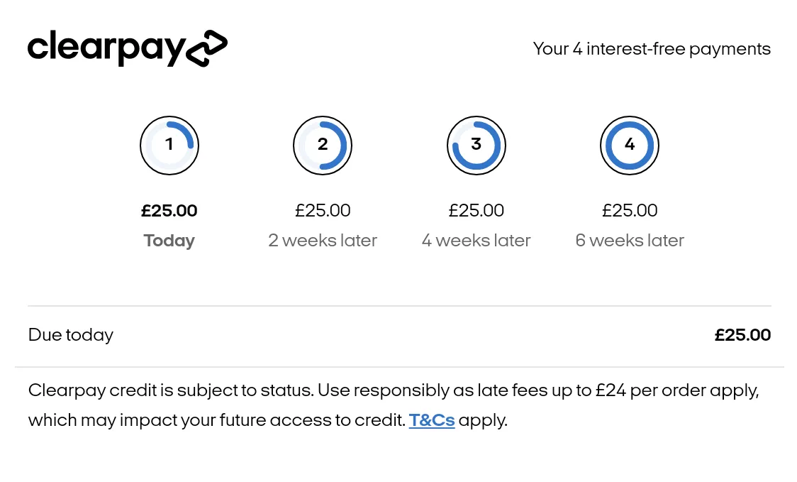 Checkout widget with the Clearpay wordmark and the heading Your 4 interest-free payments, four payments of £25.00 due today and 2, 4, and 6 weeks later, £25.00 due today, and the Clearpay credit terms