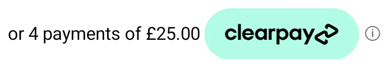 Price breakdown reading or 4 payments of £25.00 followed by a mint Clearpay badge