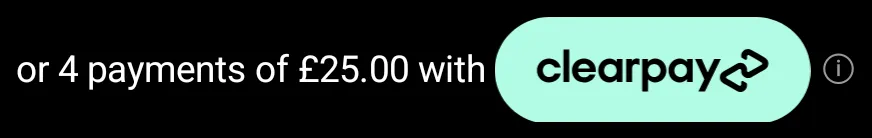 Price breakdown on black with a mint Clearpay badge and a black wordmark